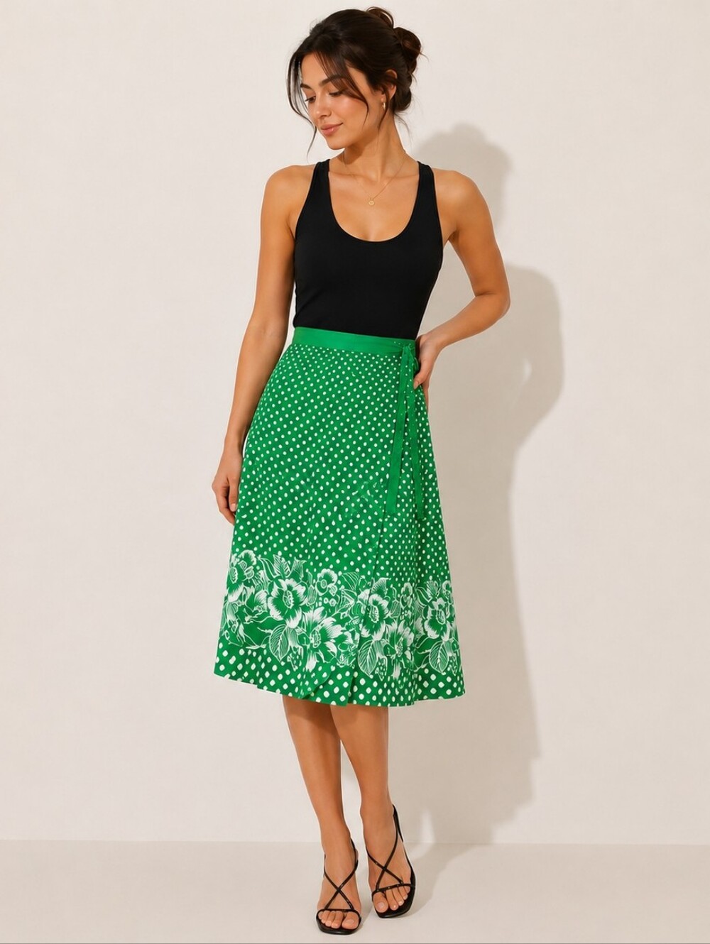 Vintage 70s Kelly Green Hawaiian Floral & Polka Dot Wrap Midi Skirt